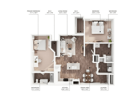 Floor plan for 2 beds, 2 baths, 1250 sqft